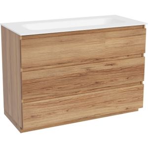 Balmani Lucida staand badkamermeubel 120 x 55 cm teak met Tablo Arcato enkele wastafel voor 2 kraangaten in solid surface mat wit