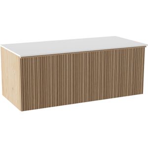 Balmani Forma zwevend badkamermeubel 120 x 55 cm natuur eik met Stretto enkel of dubbel tablet in solid surface mat wit Verticale asymmetrische ronde ribbel