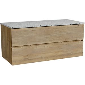 Storke Edge zwevend badkamermeubel 120 x 52 cm ruwe eik met Tavola enkel of dubbel tablet in mat wit/zwart terrazzo