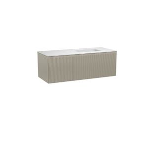 Balmani Fila zwevend badkamermeubel 135 x 55 cm steengrijs met Tablo Arcato asymmetrisch rechtse wastafel in solid surface mat wit Verticale symmetrische rechte ribbel