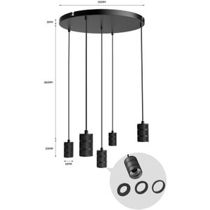 Calex Retro hanglamp, rond, 5-lamps, zwart