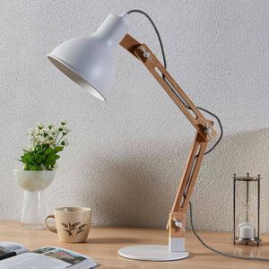 Lindby Houten bureaulamp met witte kap Shivanja