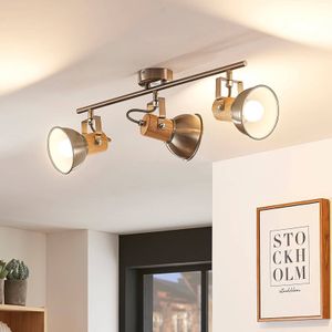 Lindby Plafondlamp Dennis met hout, 3-lamps, langwerpig