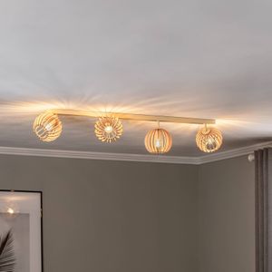 Argon Plafondlamp Paz wit houtlamellen-bollen 4-lamps