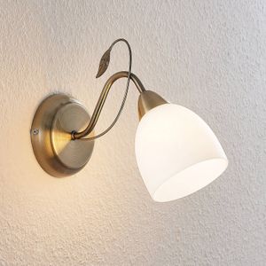 Lindby - wandlamp - 1licht - glas, staal - H: 22 cm - E14 - opaalwit, oudmessing