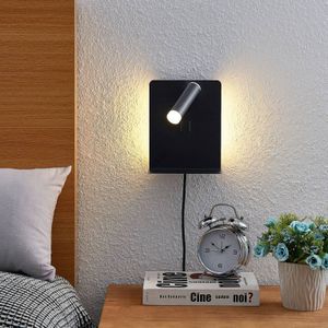 Lucande LED wandspot Zavi, zwart, stekker, plank, USB