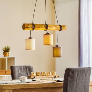 BRITOP Hanglamp Sachiko, houten balk, drie stoffen kappen
