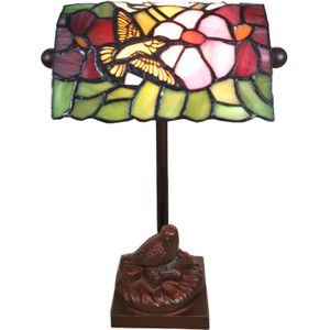 Clayre&Eef Tafellamp 6008, Tiffany-stijl, met vogelpatroon