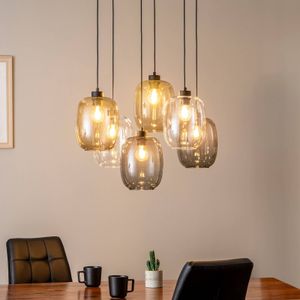 TK Lighting Hanglamp Elio, glas, bruin/helder/grijs, rechthoek 6-lamps