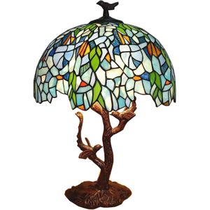 LumiLamp Tiffany Tafellamp Ø 42x49 cm Blauw Kunststof Glas Bloemen Tiffany Bureaulamp