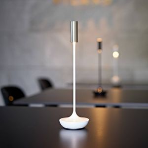Sigor Nucandle LED oplaadbare tafellamp, wit/zilver, IP54, dimbaar Nucandle,, wit / opaal, Woon-/ Eetkamer, Aluminium