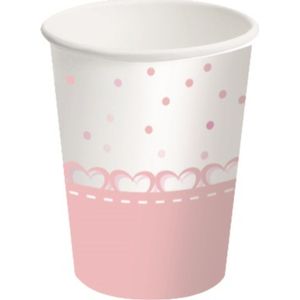 8 papieren bekers met roze hart 250 ml