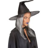 Zwarte heksen hoed met grijze haren Halloween