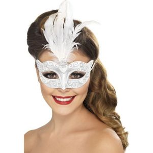 Venetiaans zilverkleurig masker met witte veren voor volwassenen
