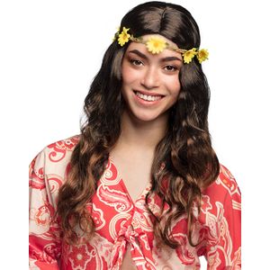 Lange bruine pruik met bloemen hoofdband voor vrouwen