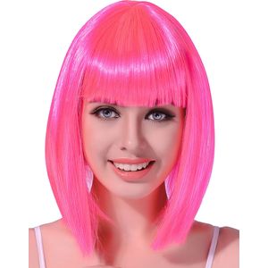Half lange fluo roze pruik voor vrouwen