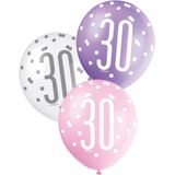 6 roze witte en paarse 30 jaar ballonnen