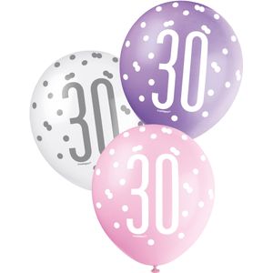 6 roze witte en paarse 30 jaar ballonnen