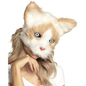 Pluche beige en wit kat masker voor volwassenen