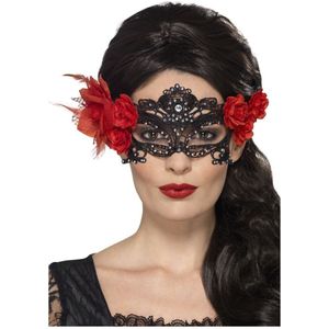 Zwart Dia de los Muertos kant masker voor volwassenen