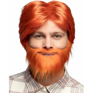 Oranje ginger pruik met baard en snor