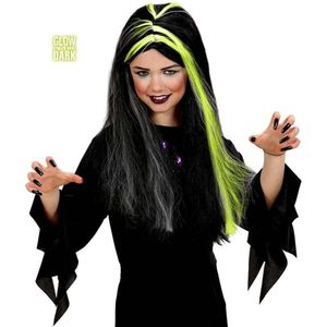Zwarte-groene fosforescerende heksen pruik voor meisjes