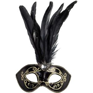 Zwart-gouden halfmasker met pluimen voor volwassenen