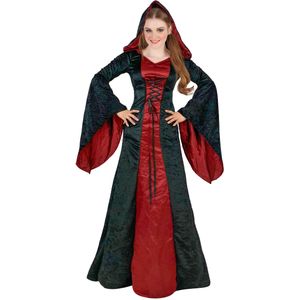 Gothic kostuum met capuchon, rood en zwart, dames