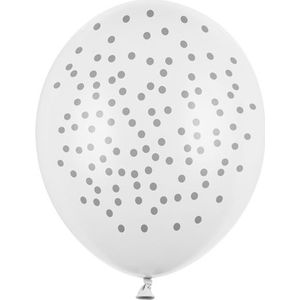 6 witte latex ballonnen met zilverkleurige stippen