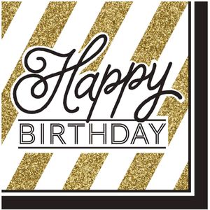 16 Happy Birthday servetten zwart-goud