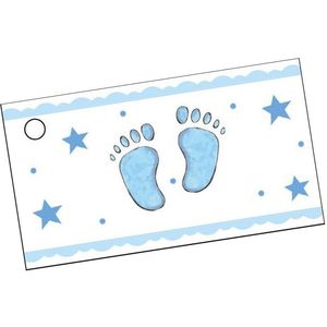 10 papieren etiketten met blauwe voeten