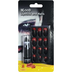 Bloederige lippenstift en neppe nagels voor volwassenen