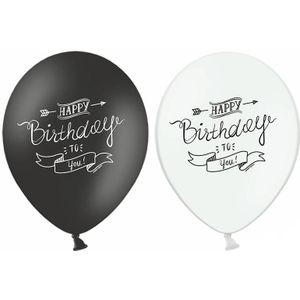 6 zwart wit Happy Birthday ballonen