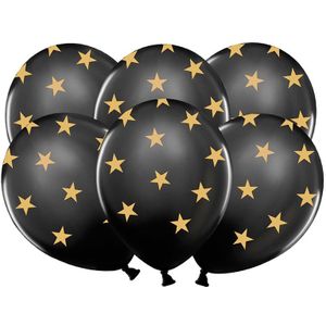 6 zwarte ballonnen met goudkleurige sterren