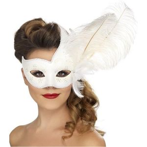 Witte Venetiaanse masker met veer voor volwassenen