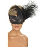Zwart masker met zilverkleurige glitters en veren voor volwassenen