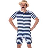 Blauw en wit gestreept retro zwem outfit voor mannen