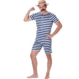 Blauw en wit gestreept retro zwem outfit voor mannen