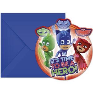 6 kartonnen PJ Masks uitnodingen met enveloppen 14 x 9 cm