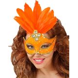 Oranje masker met veren voor dames