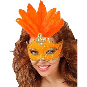 Oranje masker met veren voor dames