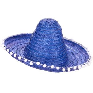 Blauw sombrero hoed met pompons voor volwassenen