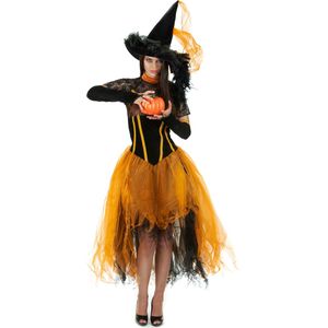 Oranje heksen outfit voor dames Halloween