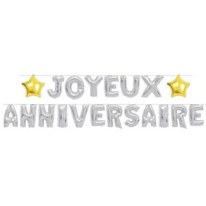 Zilverkleurige Joyeux Anniversaire ballon slinger