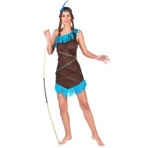 Blauw en bruin indiaan kostuum met franjes voor vrouwen