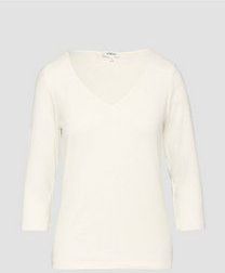 T-shirt - Naturel - Lyocell - Slim Fit - 3/4 Mouwen - Col en V