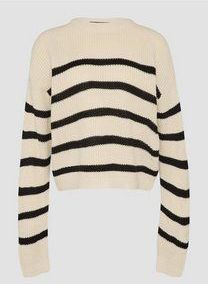 QS - Trui - Beige/Zwart - Knitwear - Ronde Hals, Lange Mouw, Losse Pasvorm