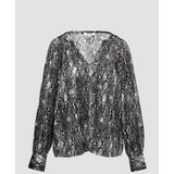 s.Oliver - Blouse - Grijs/Donkergijs/Wit - Satijn - Dierenprint, Tuniek Kraag, Losse Pasvorm