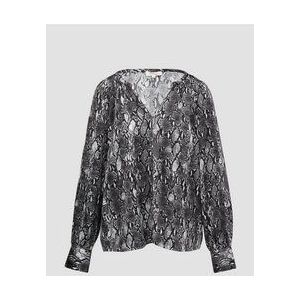 s.Oliver - Blouse - Grijs/Donkergijs/Wit - Satijn - Dierenprint, Tuniek Kraag, Losse Pasvorm