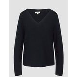 s.Oliver - Geribde Gebreide Trui - Donkerblauw - Katoenmix - V-hals